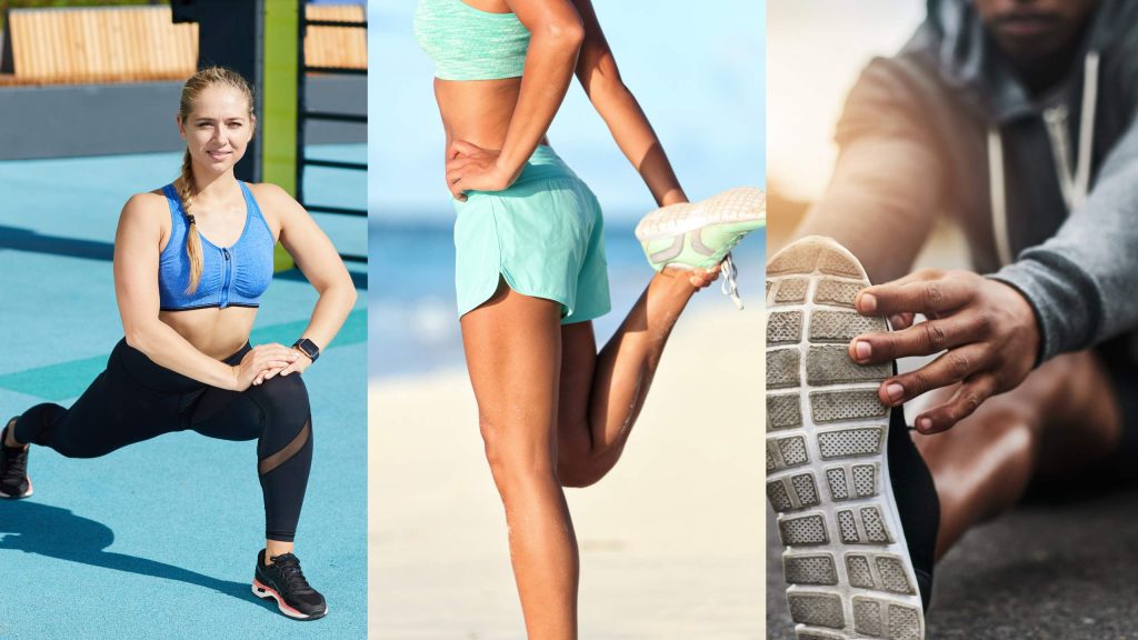 Hip flexor stretch, Quadriceps stretch and Hamstring stretch illustrated with photos of athletes doing them to address runner's knee