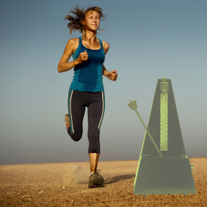 A photo composition of a runner and a metronome illustrating the use of metronome apps to improve cadence a.k.a. step rate. Too low cadence is a common running form mistake.