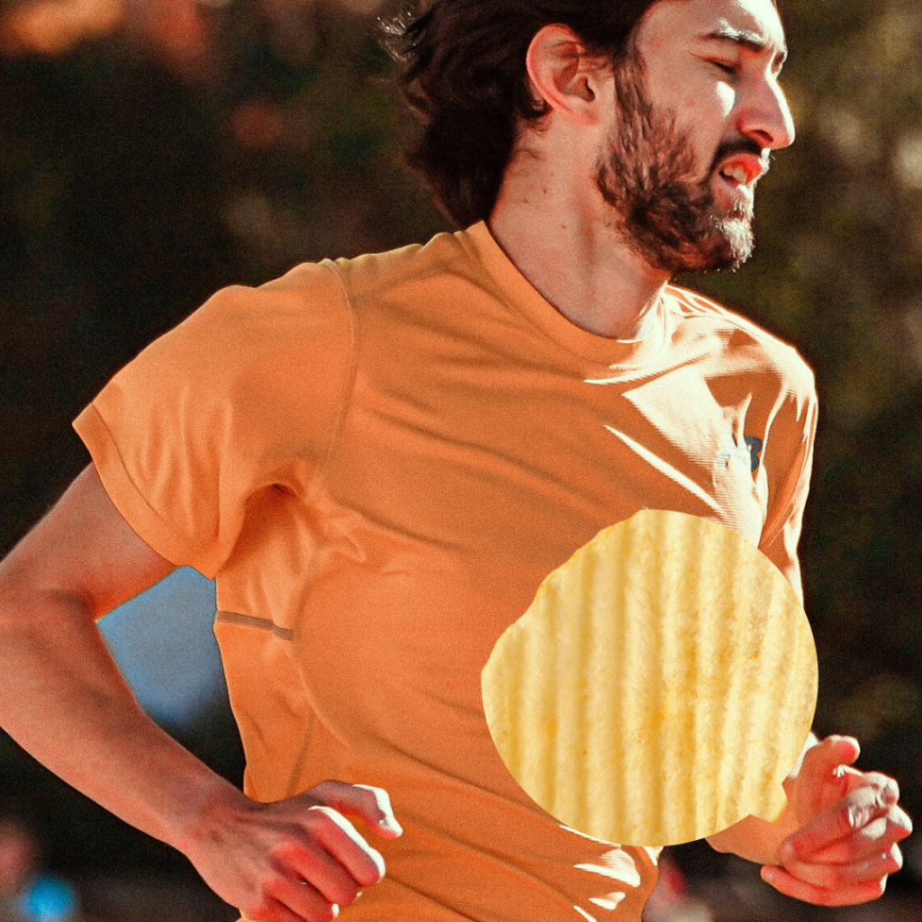 A runner with a thought bubble that features a potato chip. This is a representation of the running form cue to "run relaxed", without tense muscles or clenched fists and not crush an imaginary potato chip in your hand.