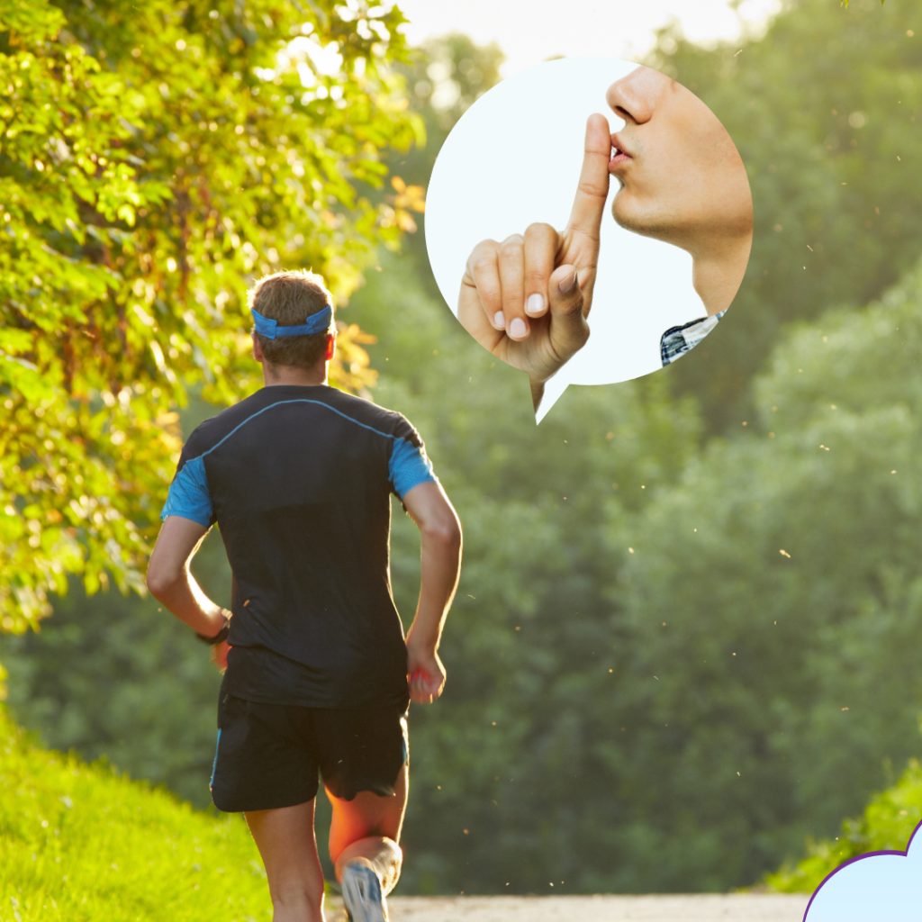 A runner with a thought bubble full with an image of a man placing a finger on his mouth to be quiet. This is a representation of the running form cue to "run silently".