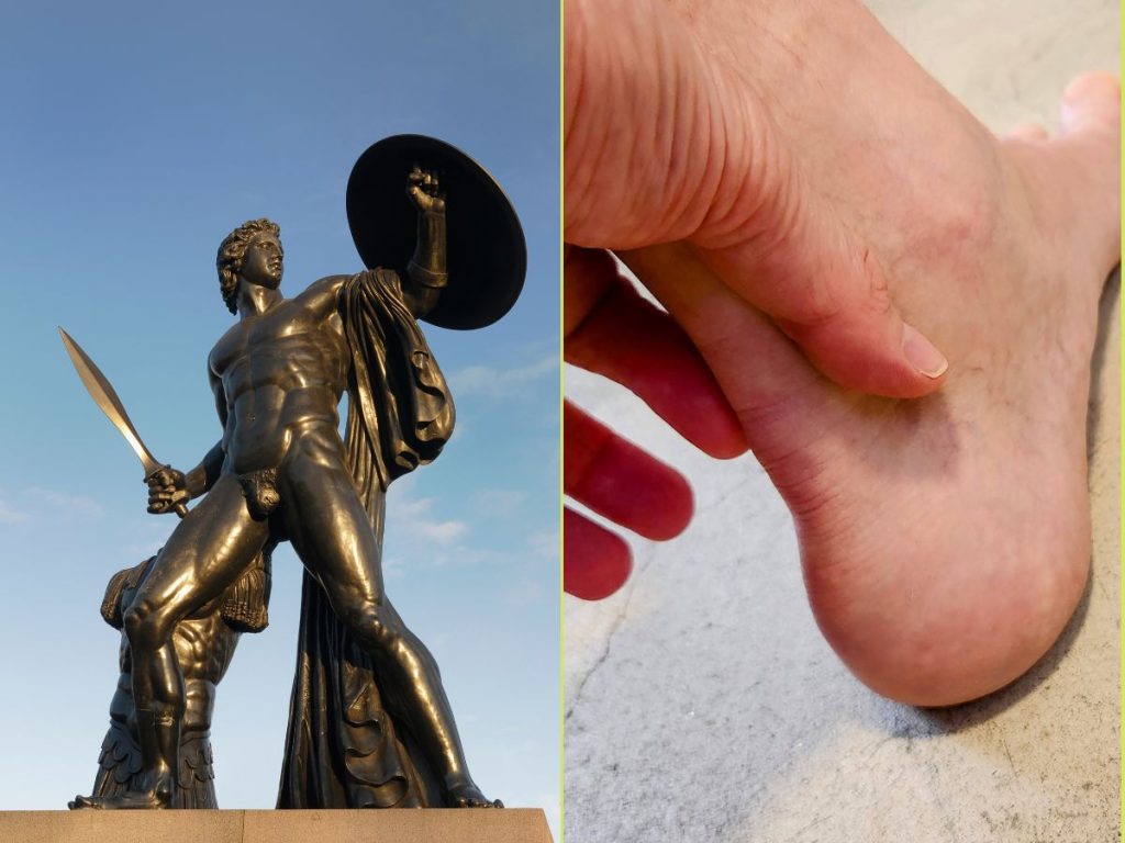 An illustration juxtaposing Achilles the Warrior of Greek Mythology vs. the Achilles Tendon