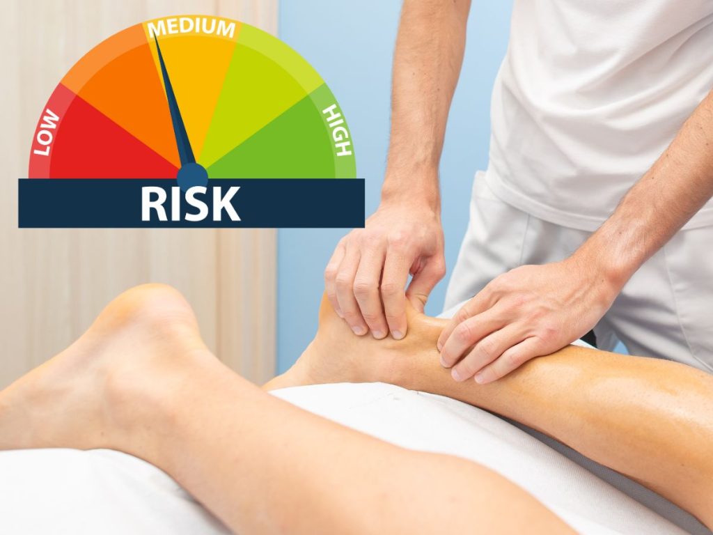 An image of a physiotherapist manipulating an Achilles tendon. A risk scale is superimposed.