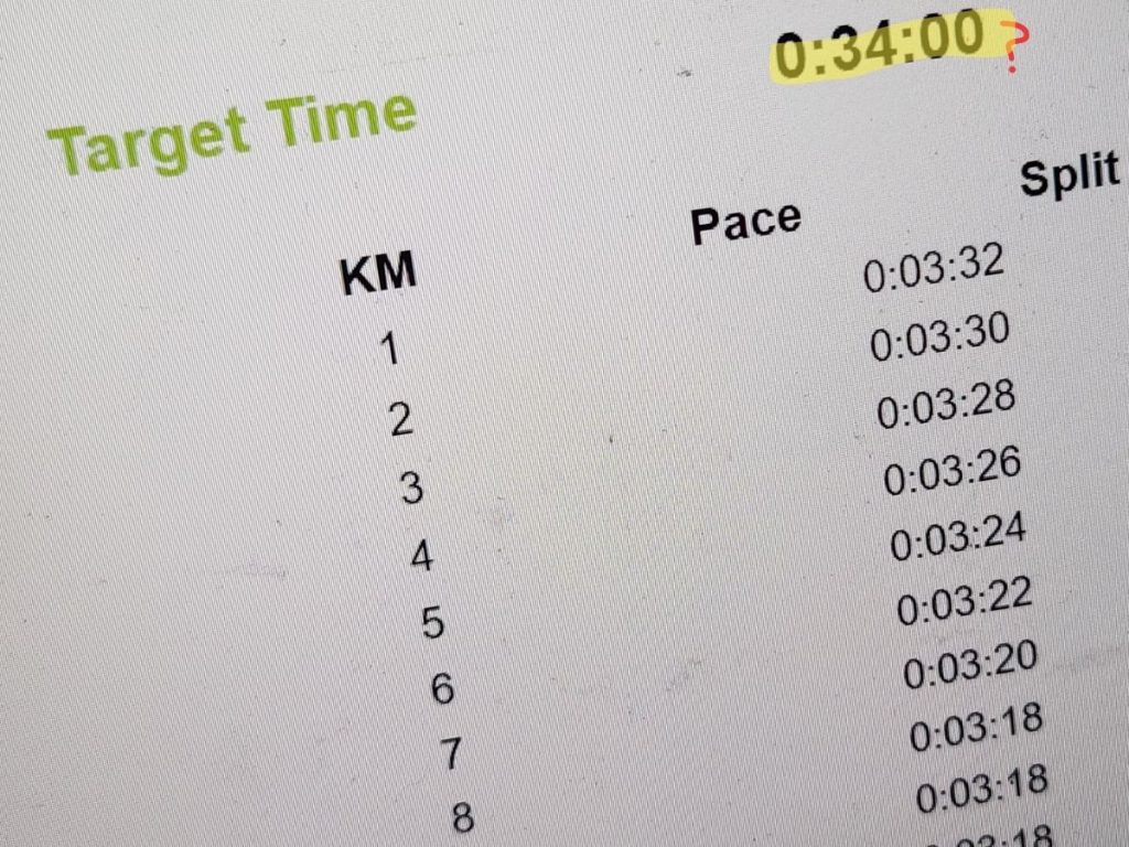 A table with a target time and pacing for a running race