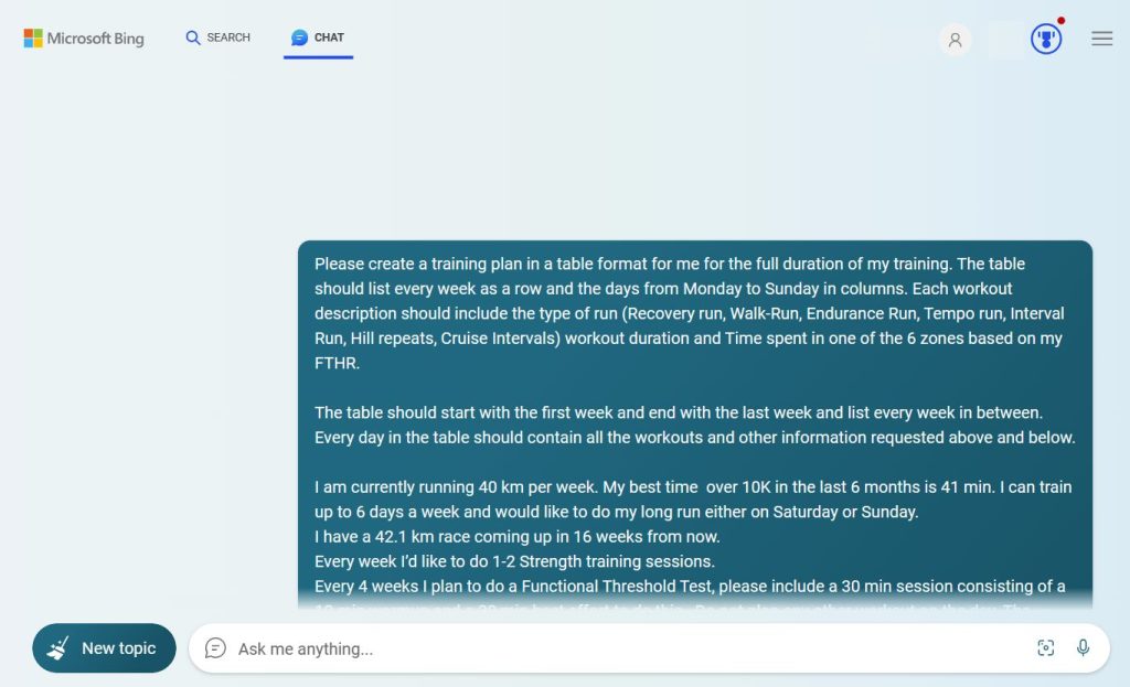 An AI chatbot used to create a training plan for running