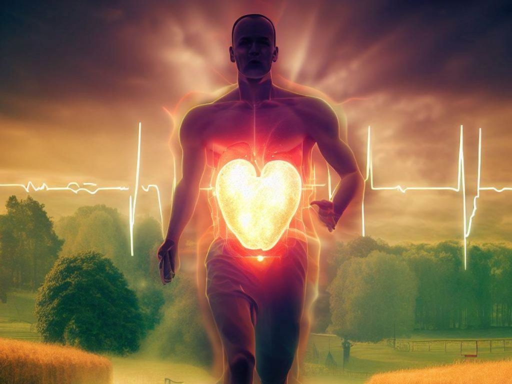 A thematic illustraiton for a functional treA runner on a scenic country road with a graphic of a glowing heart pulsing in his chest