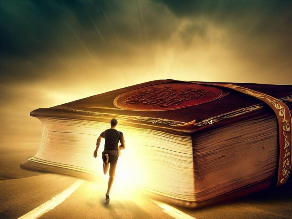 Training plan design principles - Illustrated by a giant book on a running track in front of a runner